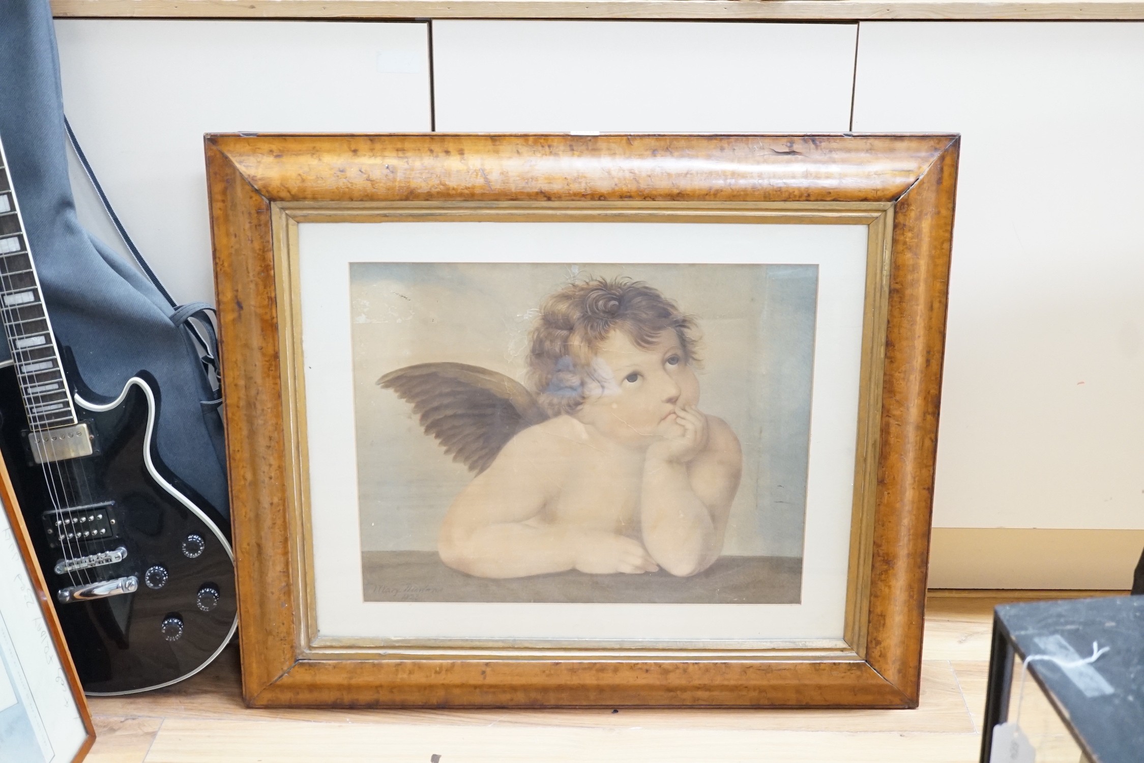 Mary Morland after Raphael, watercolour, study of an angel, signed and dated 1823, 42 x 53cm (a.f.), maple framed